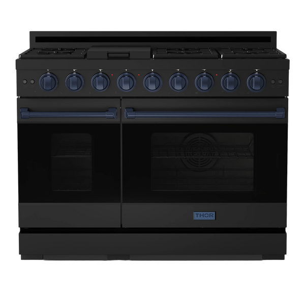 Thor Kitchen Gordon Ramsay Series 48-Inch Professional Gas Range with Double Oven in Black with Navy Blue Trim (RSG48EB-BLU)