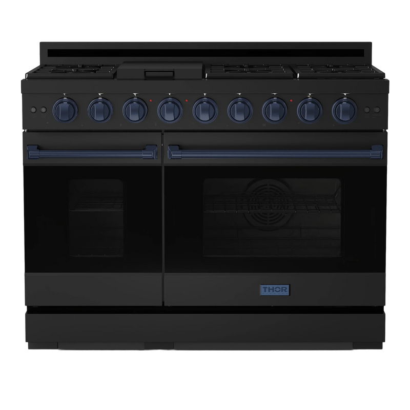 Thor Kitchen Gordon Ramsay Series 48-Inch Professional Gas Range with Double Oven in Black with Navy Blue Trim (RSG48EB-BLU)