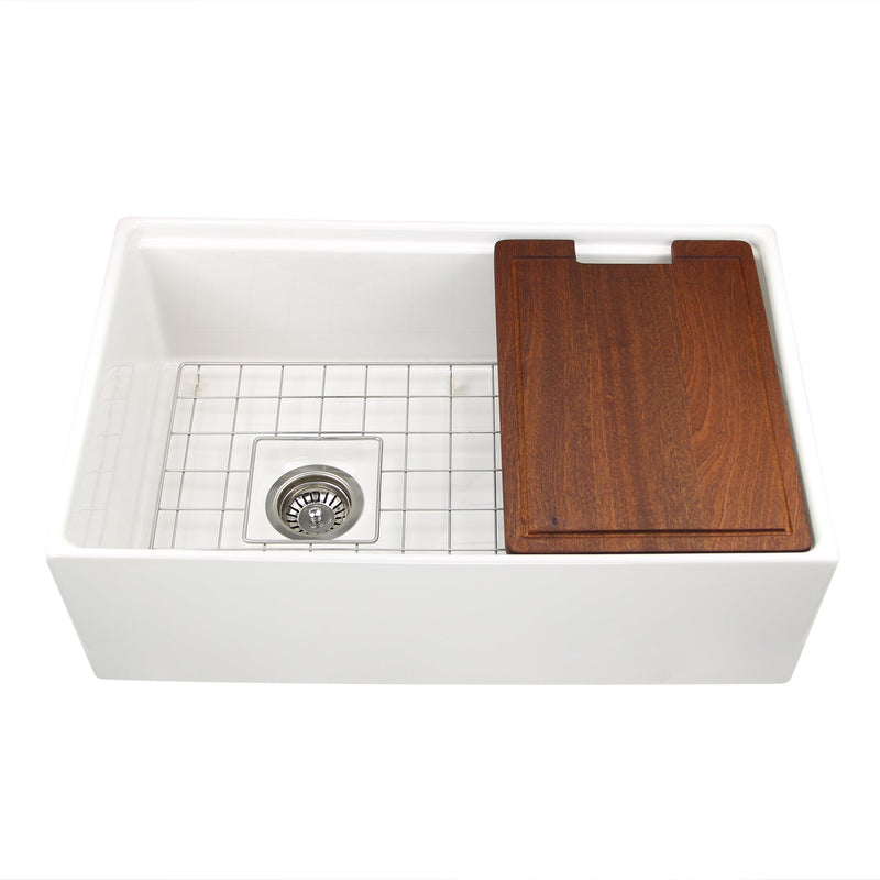 Nantucket Cape 30" Fireclay Workstation Farmhouse Sink with Accessories, White, T-PS30W