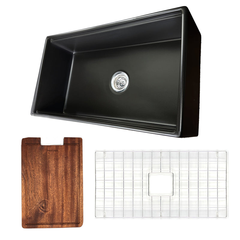 Nantucket Cape 33" Fireclay Workstation Farmhouse Sink with Accessories, Matte Black, T-PS33MB