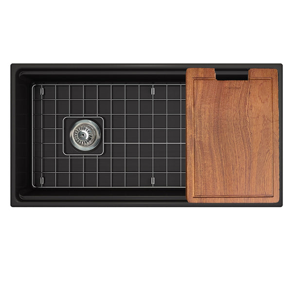 Nantucket Cape 36" Fireclay Workstation Farmhouse Sink with Accessories, Matte Black, T-PS36MB