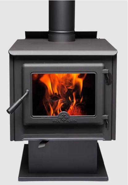 True North TN20 22" Metallic Black Vented Wood Burning Stove With Pedestal Base, EPA2020 Certified