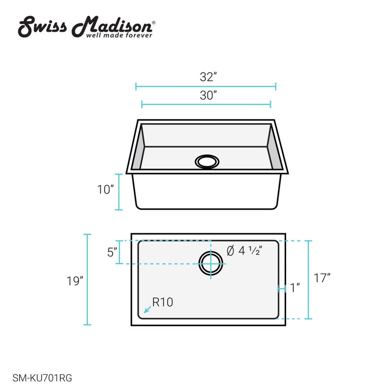 Swiss Madison Rivage 32 x 19 Stainless Steel, Single Basin, Undermount Kitchen Sink, Rose Gold