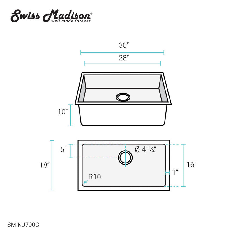 Swiss Madison Rivage 30 x 18 Stainless Steel, Single Basin, Undermount Kitchen Sink, Gold