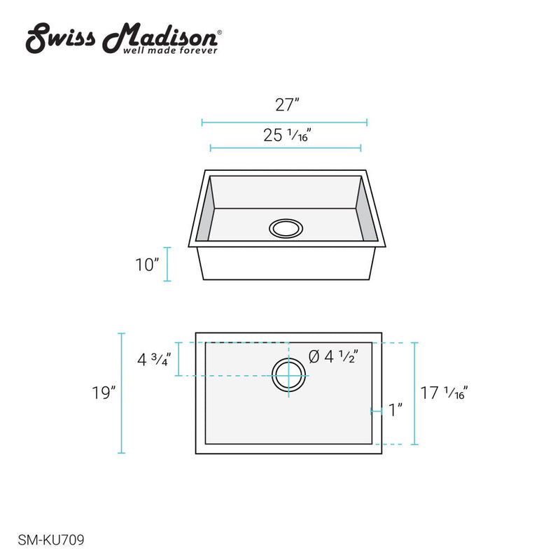 Swiss Madison Tourner 27 x 19 Stainless Steel, Single Basin, Undermount Kitchen Sink