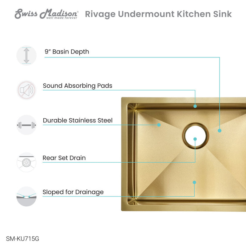 Swiss Madison Rivage 23 x 18 Stainless Steel, Single Basin, Undermount Kitchen Sink, Gold