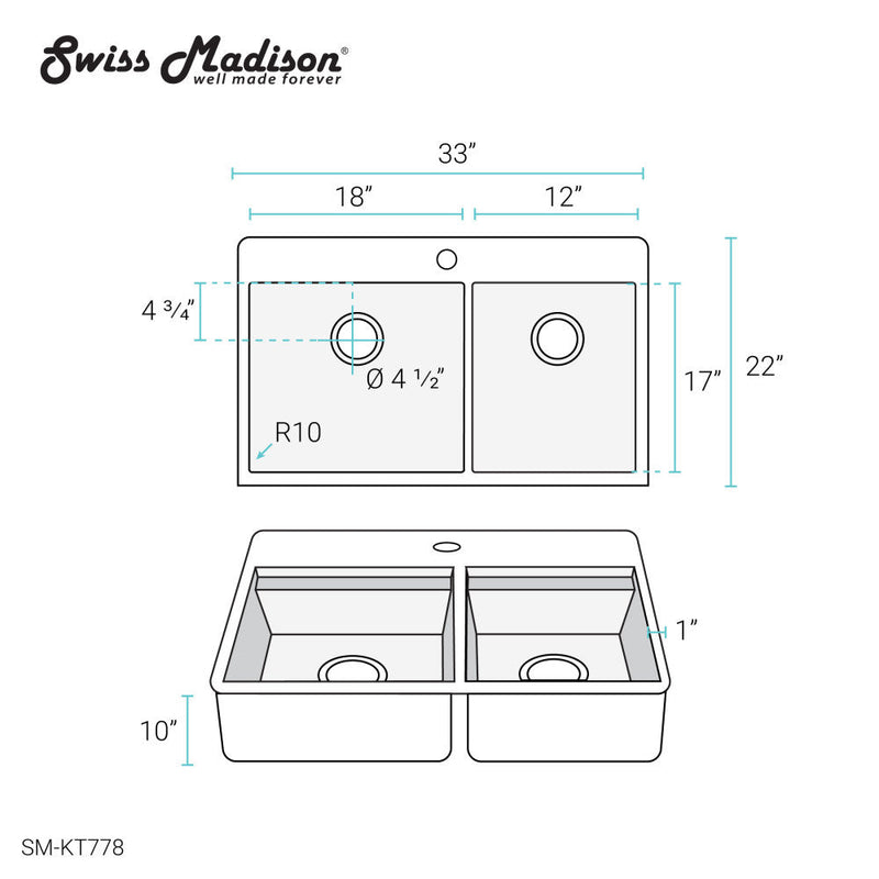 Swiss Madison Ravi Dual Basin 33 x 22 Topmount Kitchen Workstation Sink