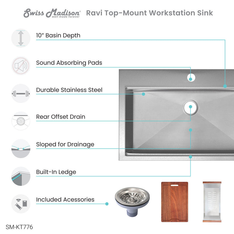 Swiss Madison Ravi Single Basin 30 x 22 Topmount Kitchen Workstation Sink