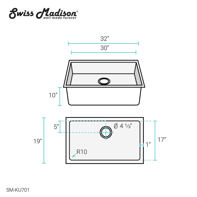 Swiss Madison Rivage 32 x 19 Stainless Steel, Single Basin, Undermount Kitchen Sink