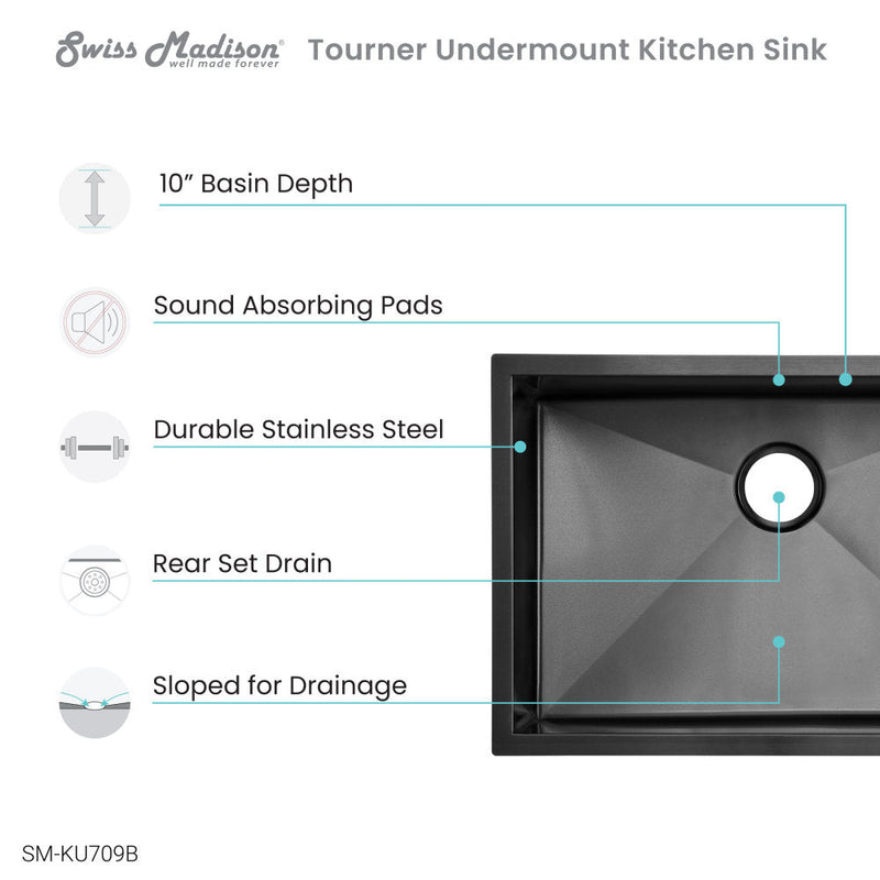 Swiss Madison Tourner 27 x 19 Stainless Steel, Single Basin, Undermount Kitchen Sink in Black