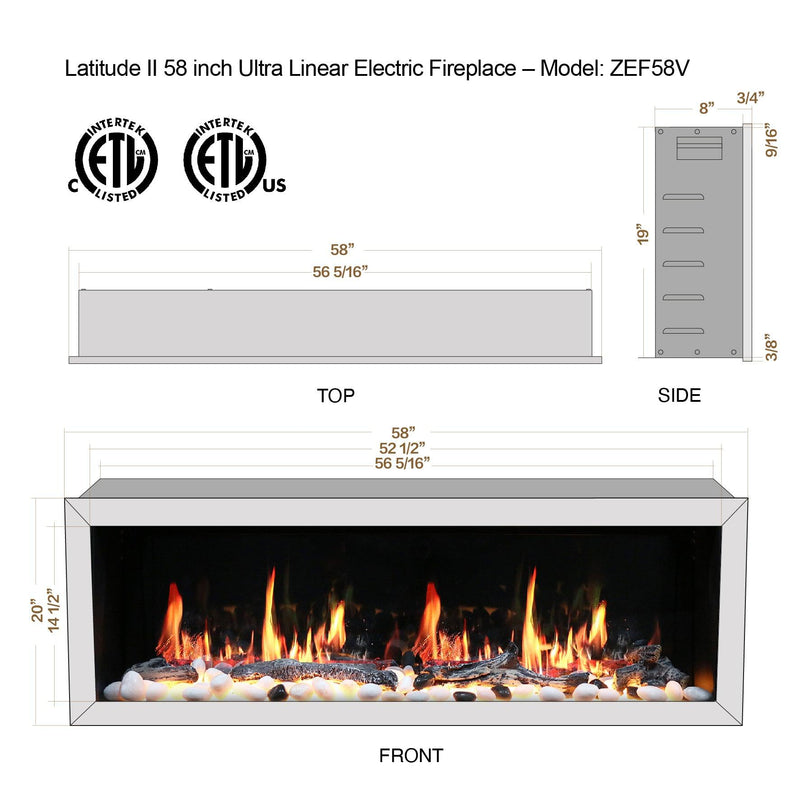 Litedeer Homes Gloria II 58" Smart Electric Fireplace with App Driftwood Log & River Rock - ZEF58VS, Silver