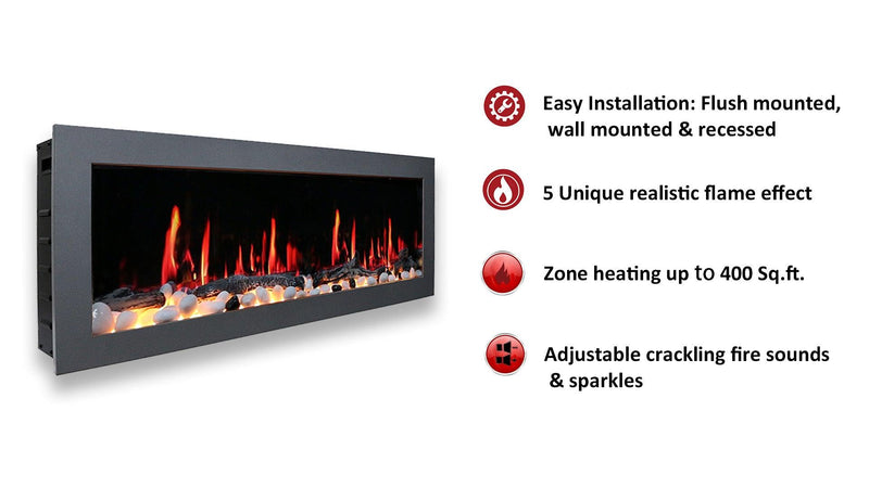 Litedeer Homes Gloria II 58" Smart Electric Fireplace with App Driftwood Log & River Rock - ZEF58VS, Silver