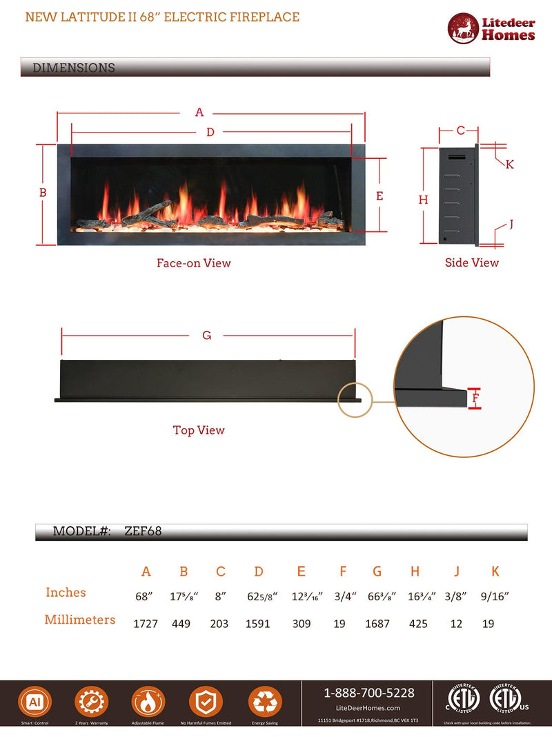 Litedeer Homes Gloria II 68" Smart Electric Fireplace with App Driftwood Log & River Rock - ZEF68XS, Silver