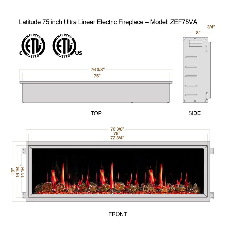 Litedeer Homes Latitude 75" Smart Built-in Electric Fireplace with Wifi, Fireplace App, 5 Unique Flame -ZEF75VA