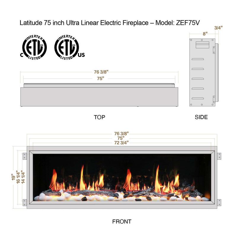 Litedeer Homes Latitude 75" Smart Electric Fireplace with App Driftwood Log & River Rock - ZEF75V