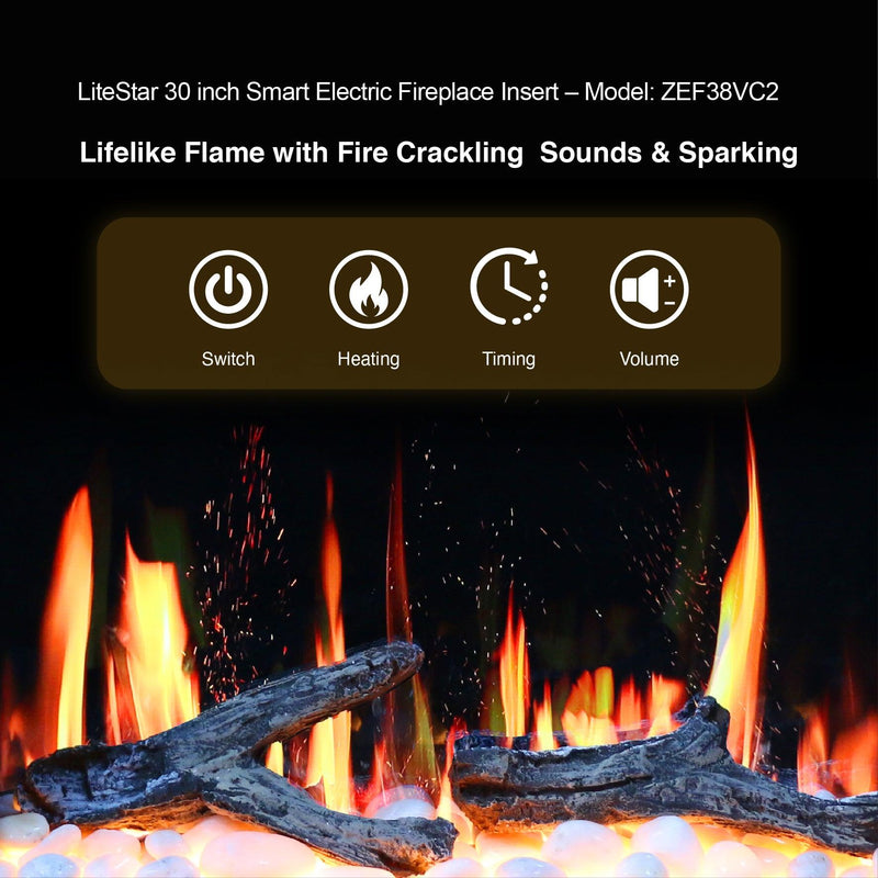 Litedeer 30" Smart Electric Fireplace Insert with App Diamond-like Crystal (ZEF38VC-30C