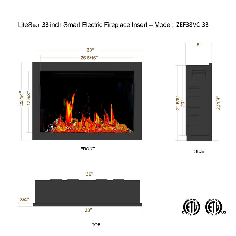 Litedeer 33" Smart Electric Fireplace Insert with App Reflective Amber Glass, Crackling Sounds ZEF38VC-33A, Black