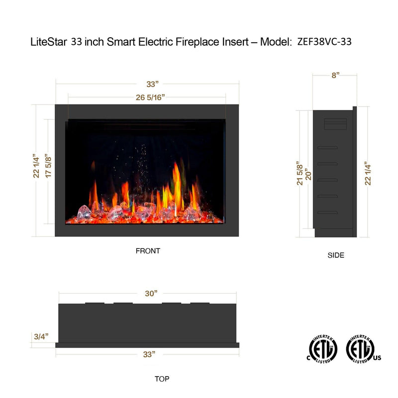 Litedeer 33" Smart Electric Fireplace Insert with App Reflective Amber Glass, Crackling Sounds ZEF38VC-33A, Black