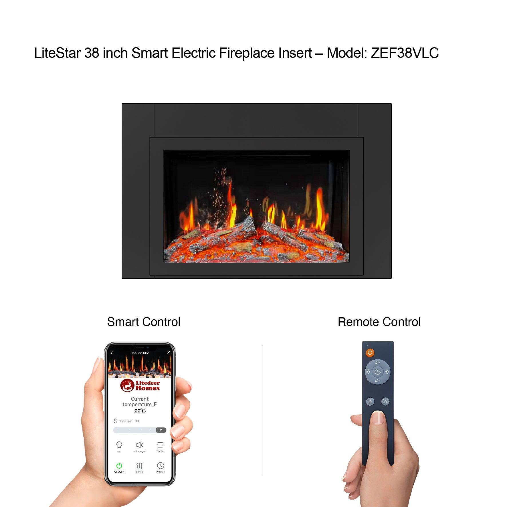 Litedeer 38-in Smart Electric Fireplace Insert with App 5 Unique Flame Crackling Sounds Driftwood Logs & River Rocks - ZEF38VC, Black Fireplace 38