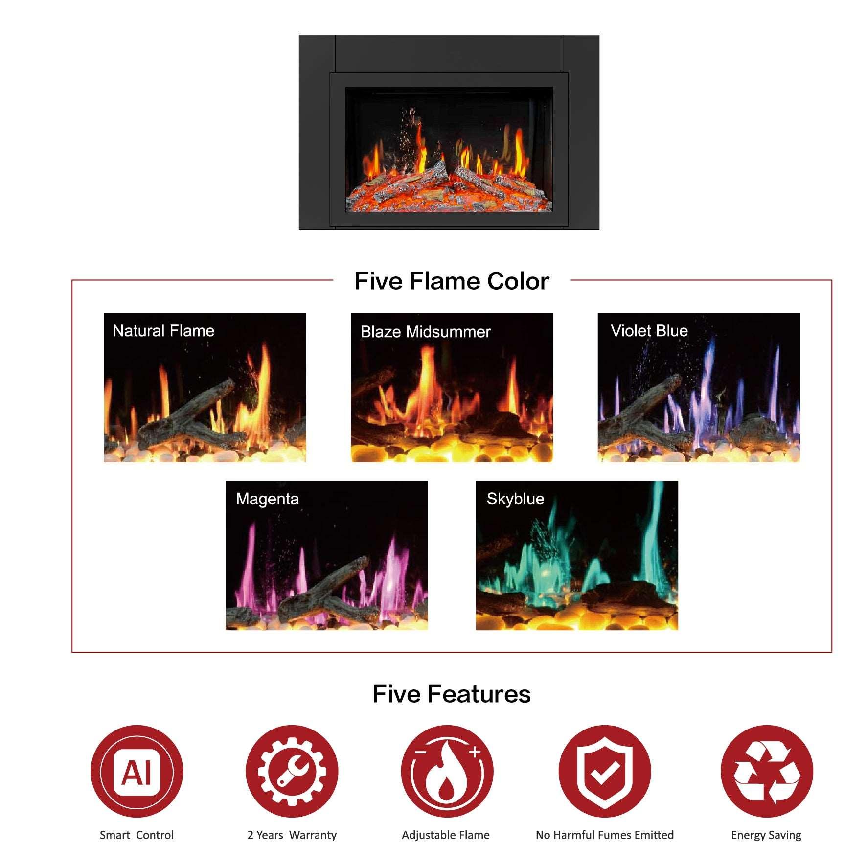 Litedeer 38-in Smart Electric Fireplace Insert with App 5 Unique Flame Crackling Sounds Driftwood Logs & River Rocks - ZEF38VC, Black Fireplace 38