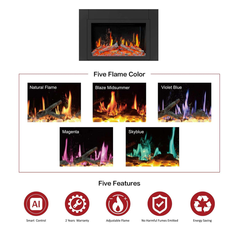 Litedeer 38-in Smart Electric Fireplace Insert with App 5 Unique Flame Crackling Sounds Driftwood Logs & River Rocks - ZEF38VC, Black Fireplace 38"