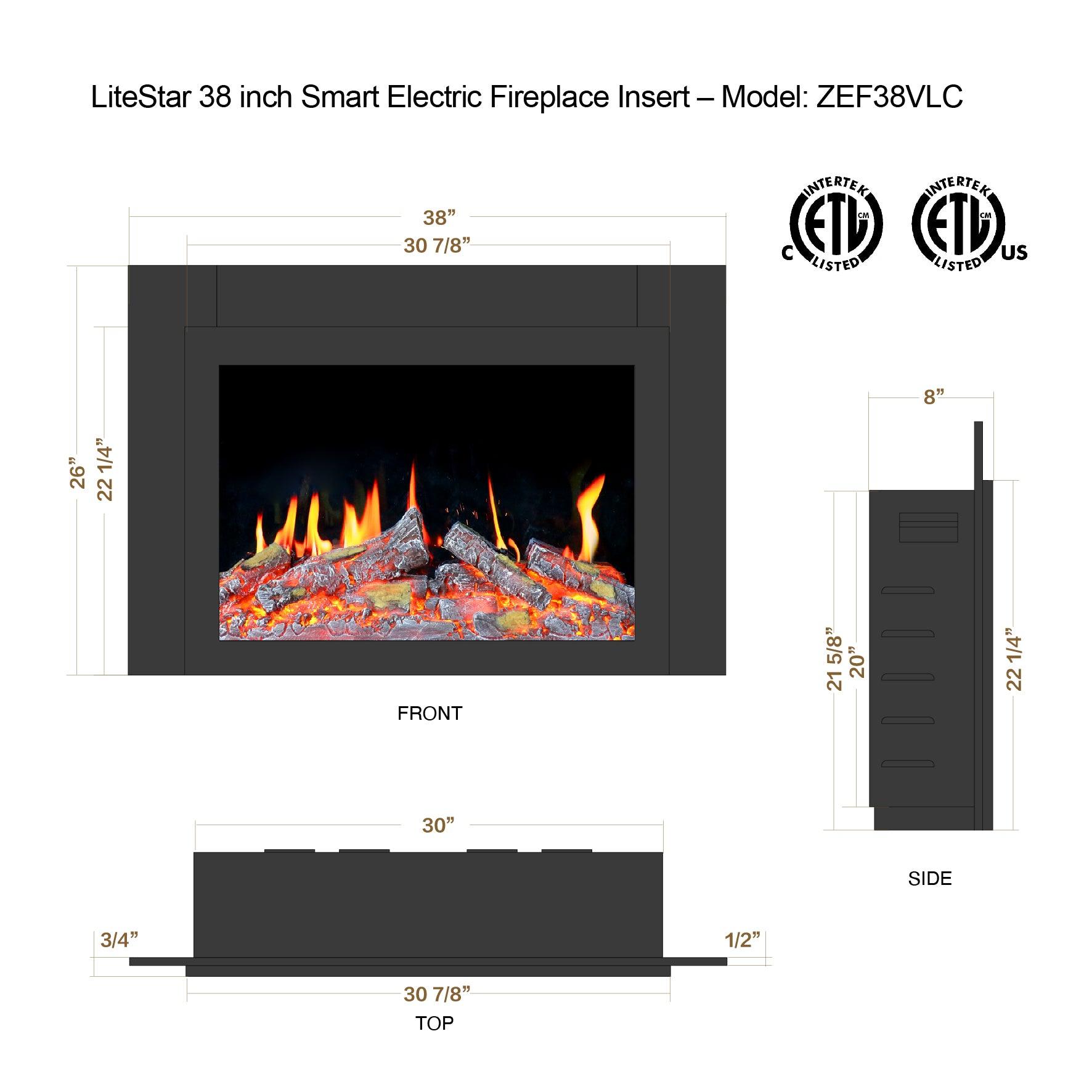 Litedeer 38-in Smart Electric Fireplace Insert with App 5 Unique Flame Crackling Sounds Driftwood Logs & River Rocks - ZEF38VC, Black Fireplace 38