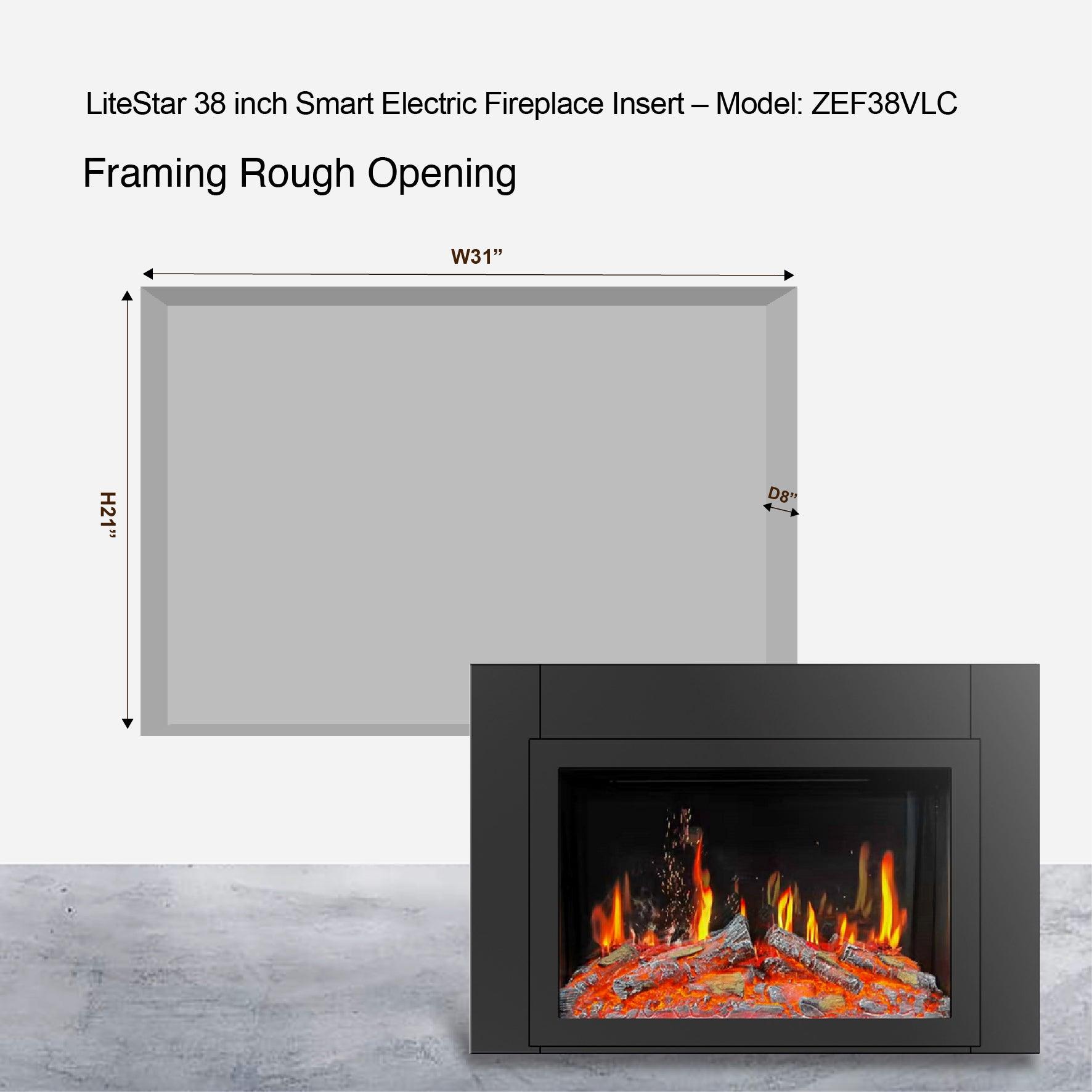 Litedeer 38-in Smart Electric Fireplace Insert with App 5 Unique Flame Crackling Sounds Driftwood Logs & River Rocks - ZEF38VC, Black Fireplace 38