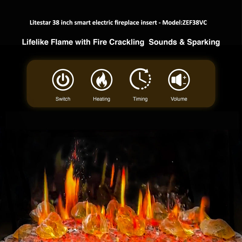 Litedeer 38" Smart Electric Fireplace Insert with Fireplace App, Reflective Fire Glass Amber - ZEF38VC-A