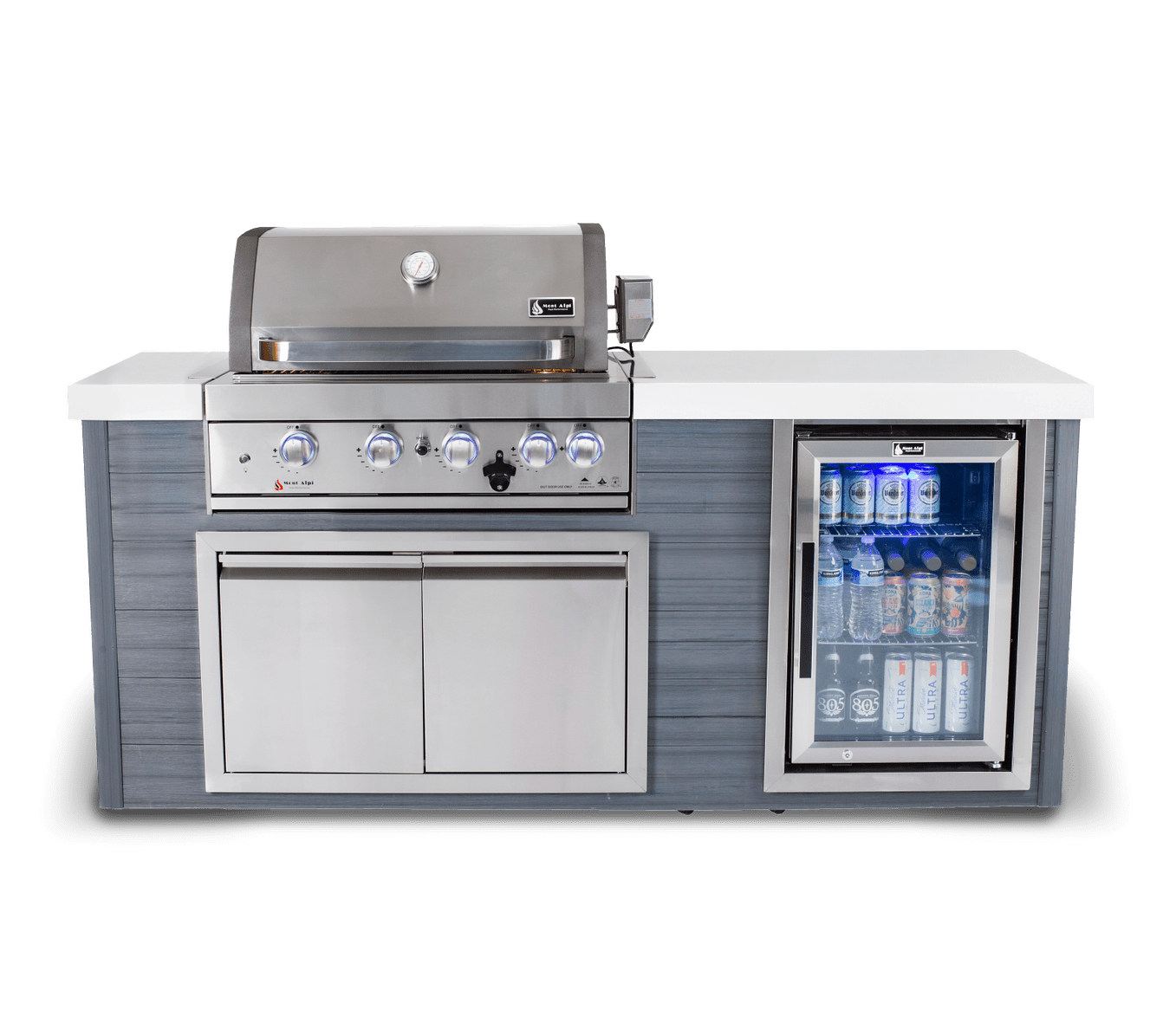 Mont Alpi 400 Artwood Island with Stainless Steel Grill and Fridge / 4-Burners, Infrared Rear Burner, Rotisserie Kit, Cover / MA400-AW