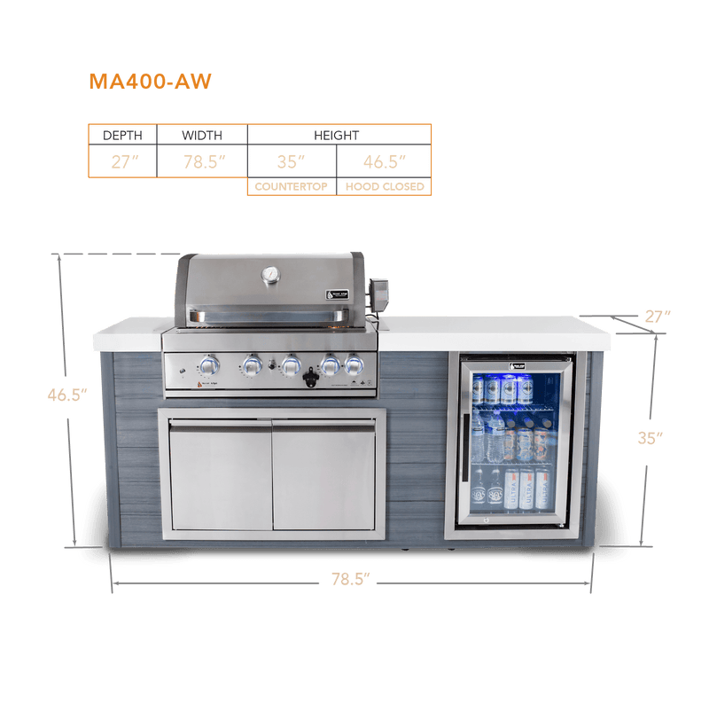 Mont Alpi 400 Artwood Island with Stainless Steel Grill and Fridge / 4-Burners, Infrared Rear Burner, Rotisserie Kit, Cover / MA400-AW