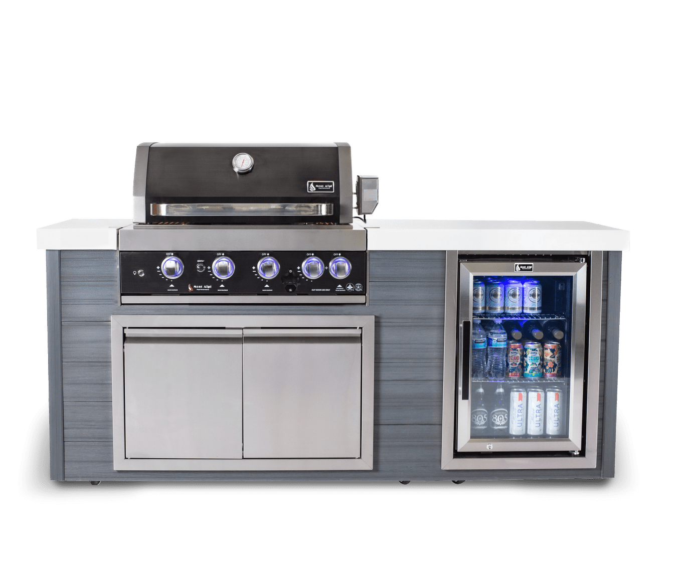 Mont Alpi 400 Artwood Island with Black Stainless Steel Grill and Fridge / 4-Burners, Infrared Rear Burner, Rotisserie Kit, Cover / MA400-AWBSS