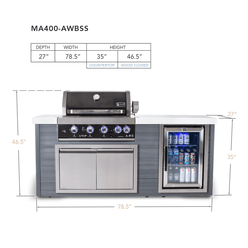 Mont Alpi 400 Artwood Island with Black Stainless Steel Grill and Fridge / 4-Burners, Infrared Rear Burner, Rotisserie Kit, Cover / MA400-AWBSS