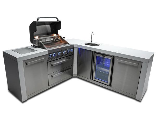 Mont Alpi 400 Deluxe Island with Beverage Center + 90 Degree Corner / 4-Burner Grill, 2 Infrared Burners, Stainless Steel, Sink, Fridge / MAi400-D90BEV