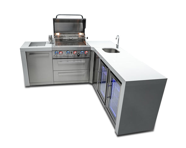 Mont Alpi 400 Deluxe Island with Beverage Center, Fridge Cabinet, and 90 Degree Corner / 4-Burner Grill, 2 Infrared Burners, Sink, 2 Fridges, Stainless Steel / MAi400-DBEV90FC