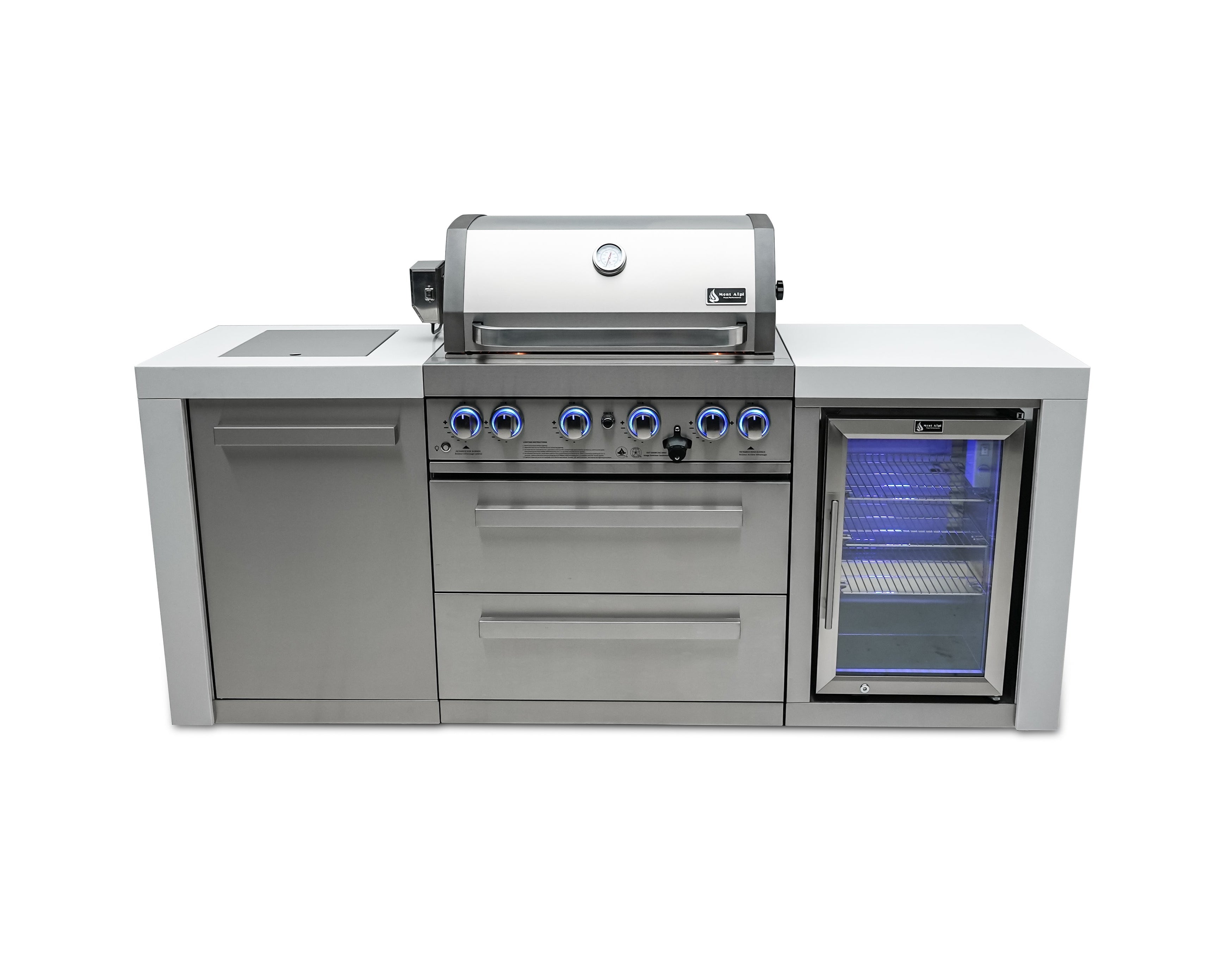 Mont Alpi 400 Deluxe Island with Fridge Cabinet / 4-Burner Grill, 2 Infrared Burners, Fridge, Stainless Steel / MAi400-DFC