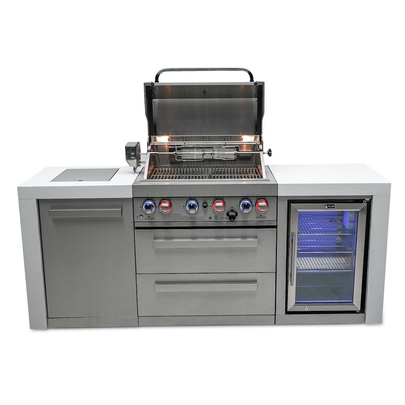 Mont Alpi 400 Deluxe Island with Fridge Cabinet / 4-Burner Grill, 2 Infrared Burners, Fridge, Stainless Steel / MAi400-DFC