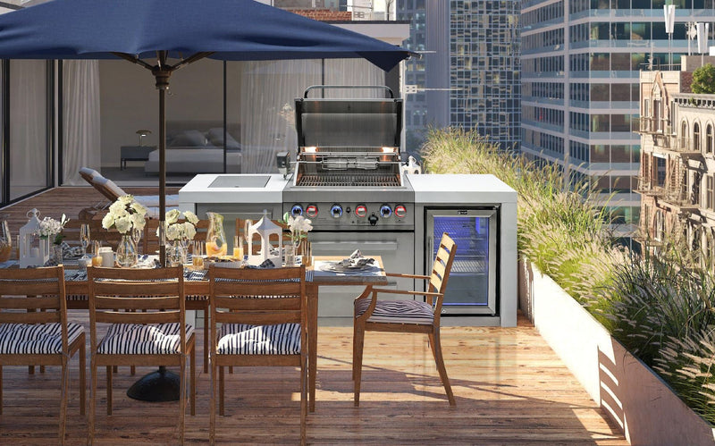 Mont Alpi 400 Deluxe Island with Fridge Cabinet / 4-Burner Grill, 2 Infrared Burners, Fridge, Stainless Steel / MAi400-DFC