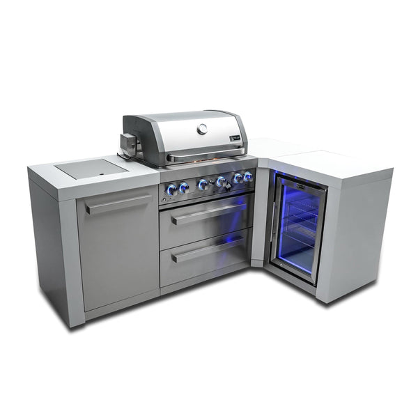 Mont Alpi 400 Deluxe Island with Fridge Cabinet and 90 Degree Corner / 4-Burner Grill, 2 Infrared Burners, Fridge, Stainless Steel / MAi400-D90FC