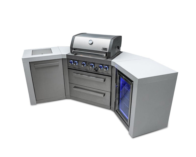 Mont Alpi 400 Deluxe Island with Fridge Cabinet and Two 45 Degree Corners / 4 Burner Grill, 2 Infrared Burners, Fridge, Stainless Steel / MAi400-D45FC