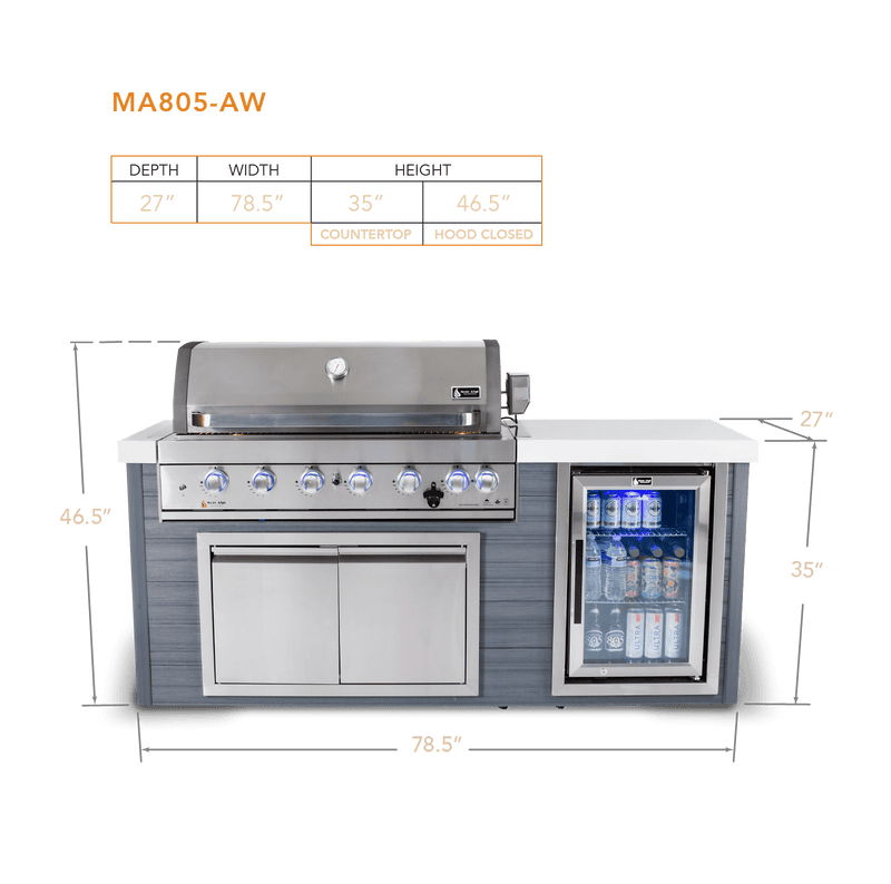 Mont Alpi 805 Artwood Island with Stainless Steel Grill and Fridge / 6-Burners, Infrared Rear Burner, Rotisserie Kit, Cover / MA805-AW