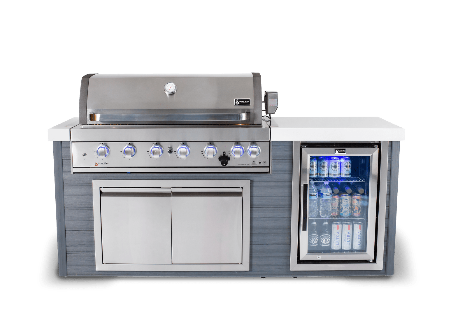 Mont Alpi 805 Artwood Island with Stainless Steel Grill and Fridge / 6-Burners, Infrared Rear Burner, Rotisserie Kit, Cover / MA805-AW