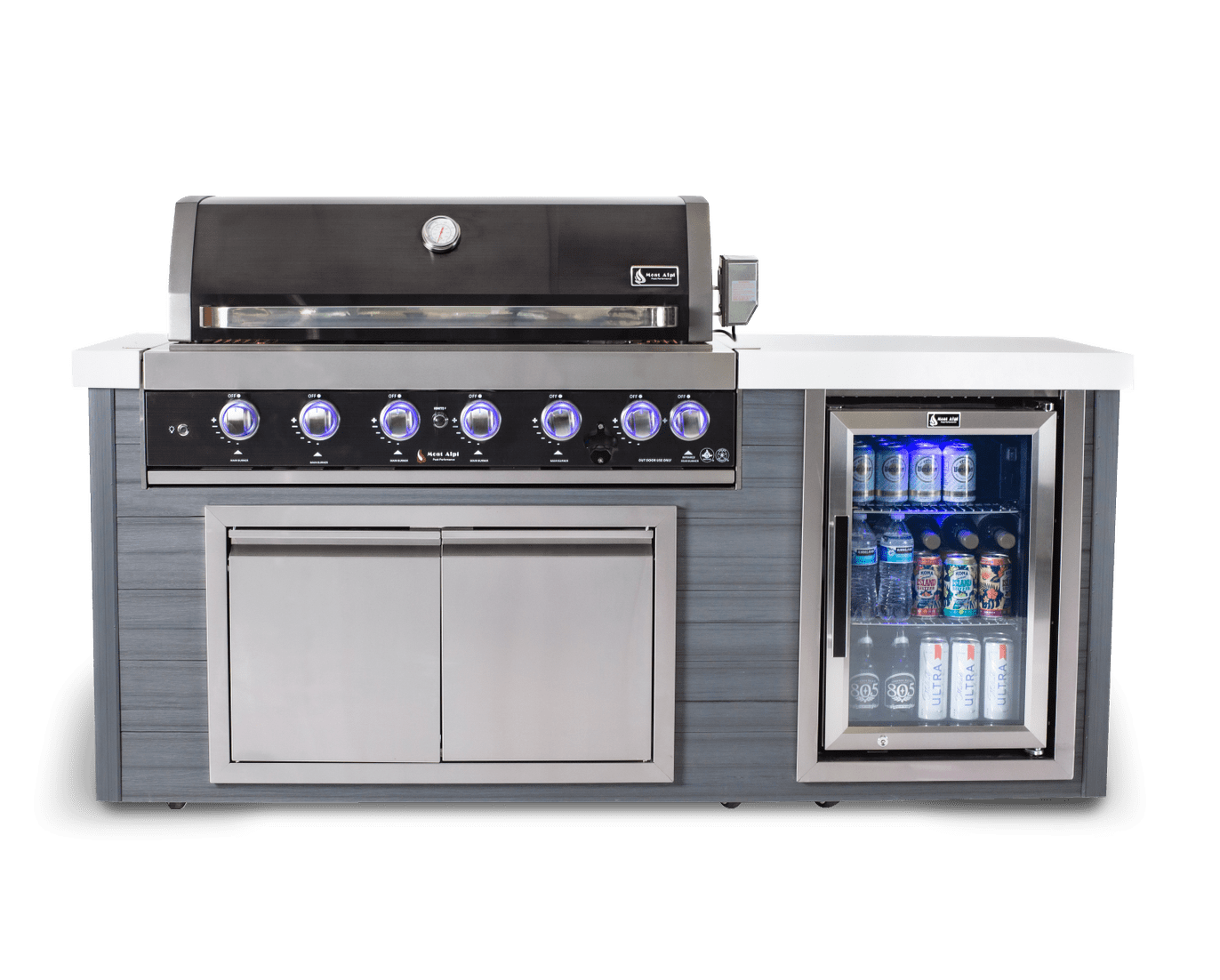 Mont Alpi 805 Artwood Island with Black Stainless Steel Grill and Fridge / 6-Burners, Infrared Rear Burner, Rotisserie Kit, Cover / MA805-AWBSS