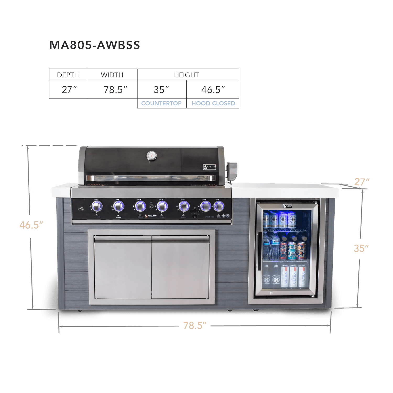 Mont Alpi 805 Artwood Island with Black Stainless Steel Grill and Fridge / 6-Burners, Infrared Rear Burner, Rotisserie Kit, Cover / MA805-AWBSS