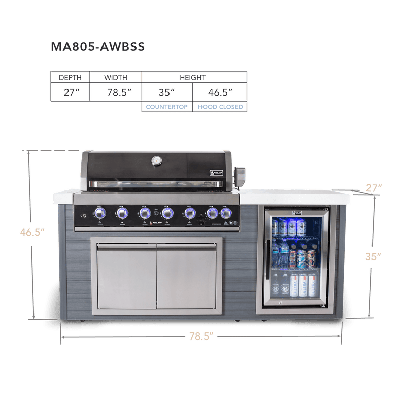 Mont Alpi 805 Artwood Island with Black Stainless Steel Grill and Fridge / 6-Burners, Infrared Rear Burner, Rotisserie Kit, Cover / MA805-AWBSS