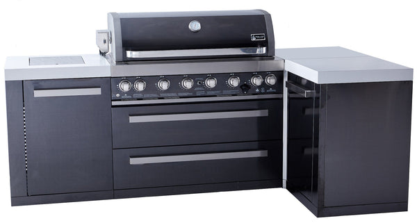 Mont Alpi 805 Black Stainless Steel Island with 90 Degree Corner / 6-Burner Grill, 2 Infrared Burners / MAi805-BSS90