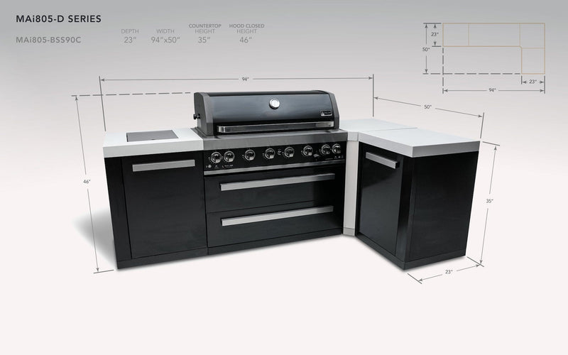 Mont Alpi 805 Black Stainless Steel Island with 90 Degree Corner / 6-Burner Grill, 2 Infrared Burners / MAi805-BSS90