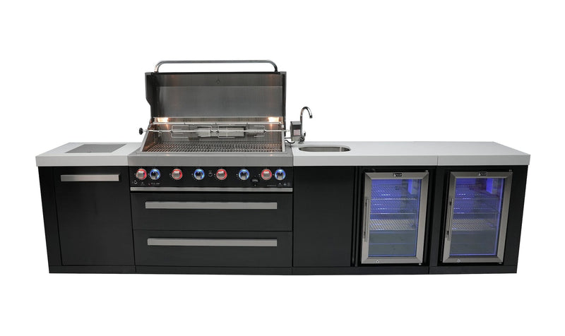 Mont Alpi 805 Black Stainless Steel Island with Beverage Center and Fridge Cabinet / 6-Burner Grill, 2 Infrared Burners, Sink, 2 Fridges / MAi805-BSSBEVFC