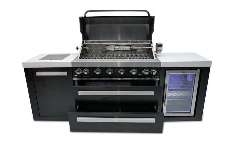 Mont Alpi 805 Black Stainless Steel Island with Fridge Cabinet / 6-Burner Grill, 2 Infrared Burners, Fridge  / MAi805-BSSFC