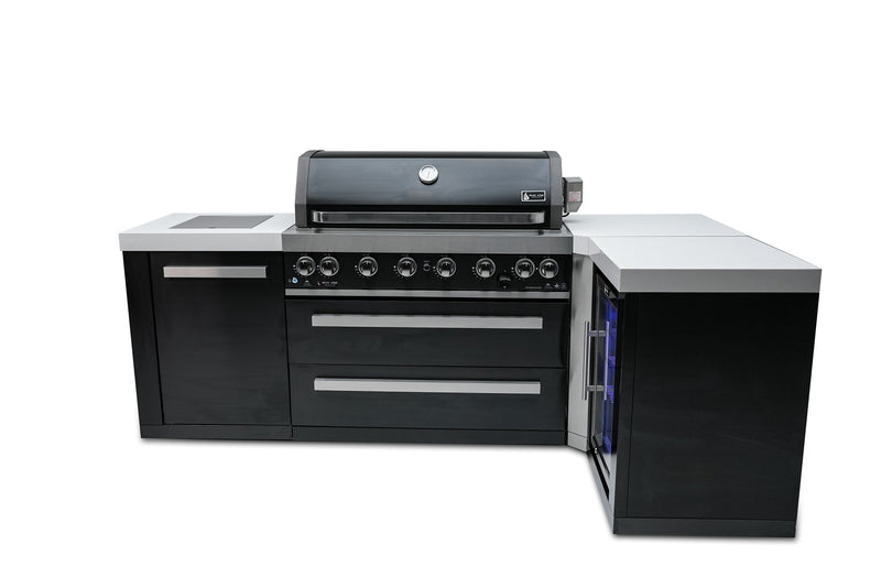 Mont Alpi 805 Black Stainless Steel Island with Fridge Cabinet and 90 Degree Corner / 6-Burner Grill, 2 Infrared Burners, Fridge / MAi805-BSS90FC