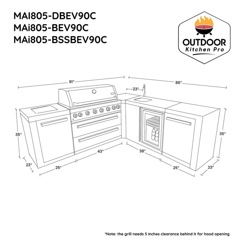 Mont Alpi 805 Deluxe Island with Beverage Center and 90 Degree Corner / 6-Burner Grill, 2 Infrared Burners, Sink, Fridge, Stainless Steel / MAi805-DBEV90C